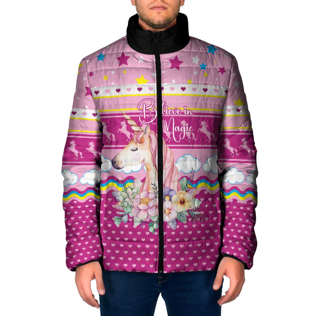 Unicorn Believe In Magic Christmas Padded Jacket with Believe in Magic Quote Pink Hearts Stars and Rainbow - Wonder Print Shop