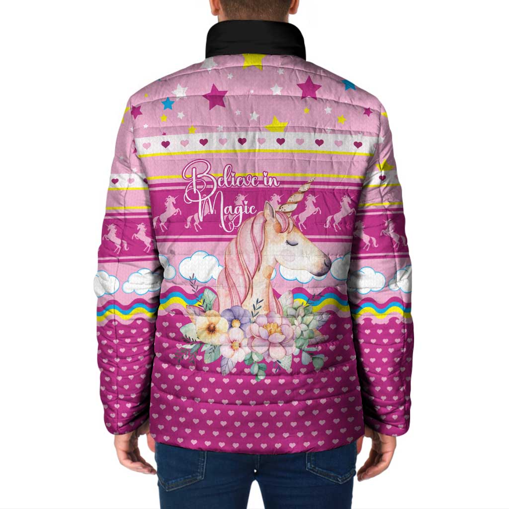 Unicorn Believe In Magic Christmas Padded Jacket with Believe in Magic Quote Pink Hearts Stars and Rainbow - Wonder Print Shop
