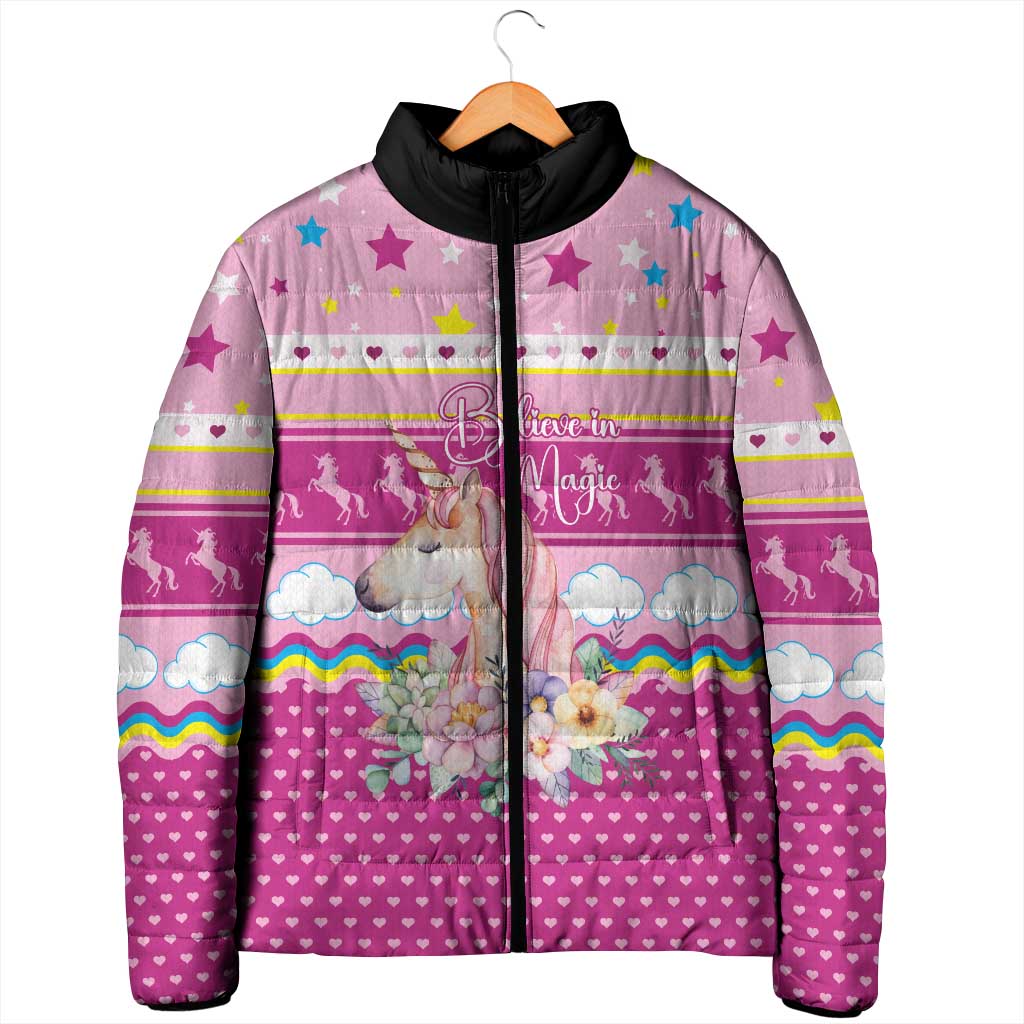 Unicorn Believe In Magic Christmas Padded Jacket with Believe in Magic Quote Pink Hearts Stars and Rainbow - Wonder Print Shop