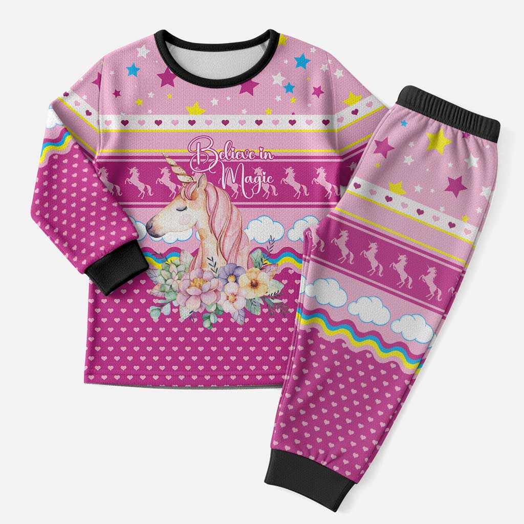 Unicorn Believe In Magic Christmas Pajama Set with Believe in Magic Quote Pink Hearts Stars and Rainbow - Wonder Print Shop