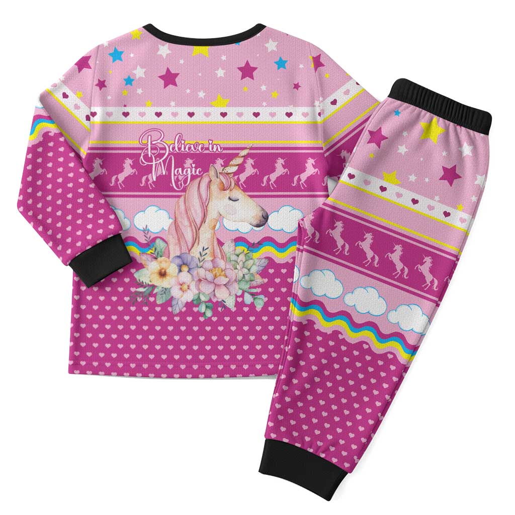 Unicorn Believe In Magic Christmas Pajama Set with Believe in Magic Quote Pink Hearts Stars and Rainbow - Wonder Print Shop