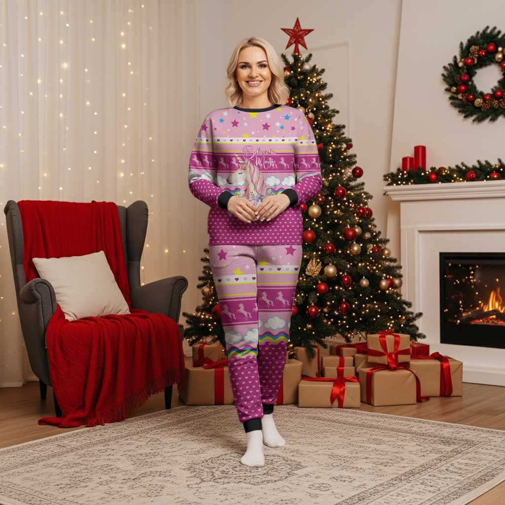 Unicorn Believe In Magic Christmas Pajama Set with Believe in Magic Quote Pink Hearts Stars and Rainbow - Wonder Print Shop