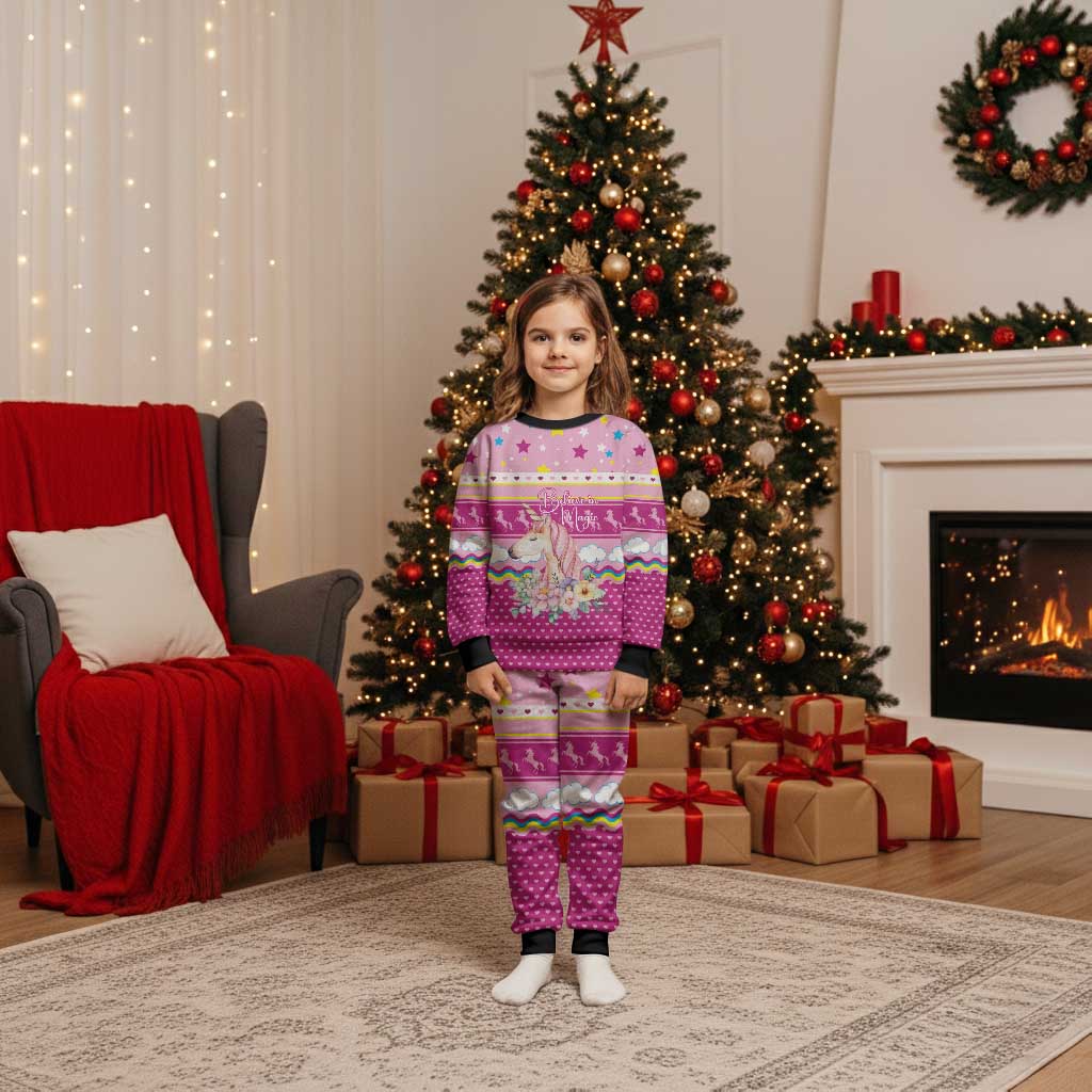 Unicorn Believe In Magic Christmas Pajama Set with Believe in Magic Quote Pink Hearts Stars and Rainbow - Wonder Print Shop