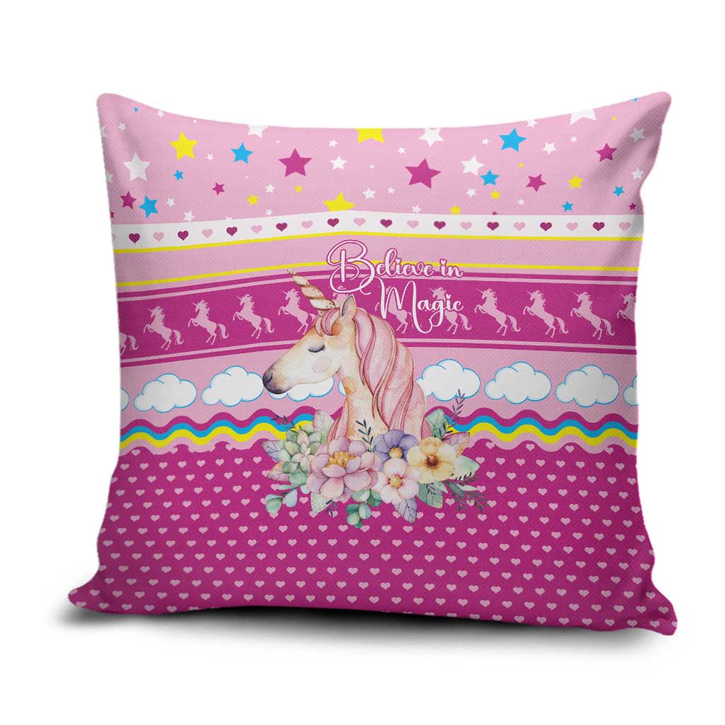 Unicorn Believe In Magic Christmas Pillow Cover with Believe in Magic Quote Pink Hearts Stars and Rainbow - Wonder Print Shop