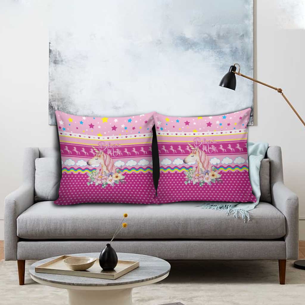 Unicorn Believe In Magic Christmas Pillow Cover with Believe in Magic Quote Pink Hearts Stars and Rainbow - Wonder Print Shop