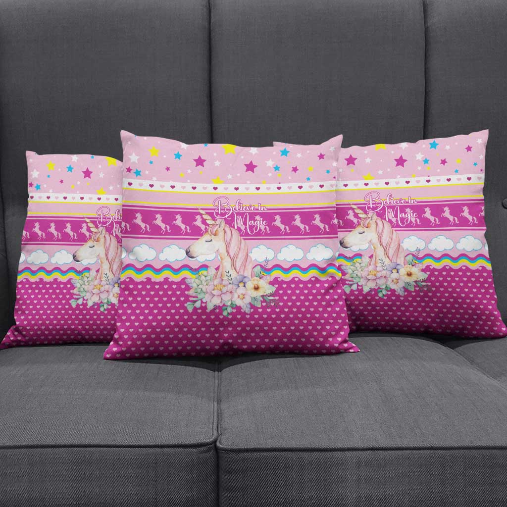 Unicorn Believe In Magic Christmas Pillow Cover with Believe in Magic Quote Pink Hearts Stars and Rainbow - Wonder Print Shop