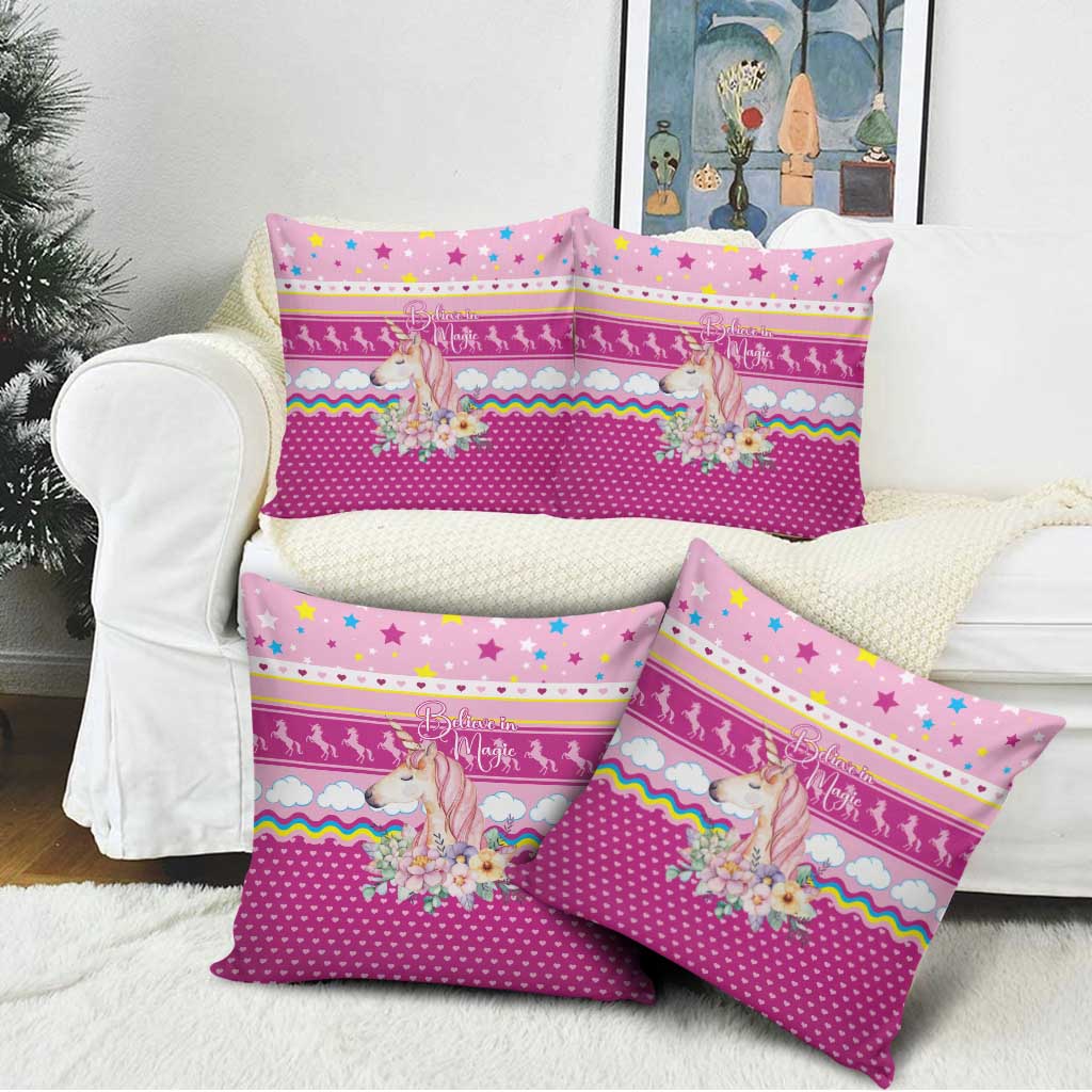 Unicorn Believe In Magic Christmas Pillow Cover with Believe in Magic Quote Pink Hearts Stars and Rainbow - Wonder Print Shop