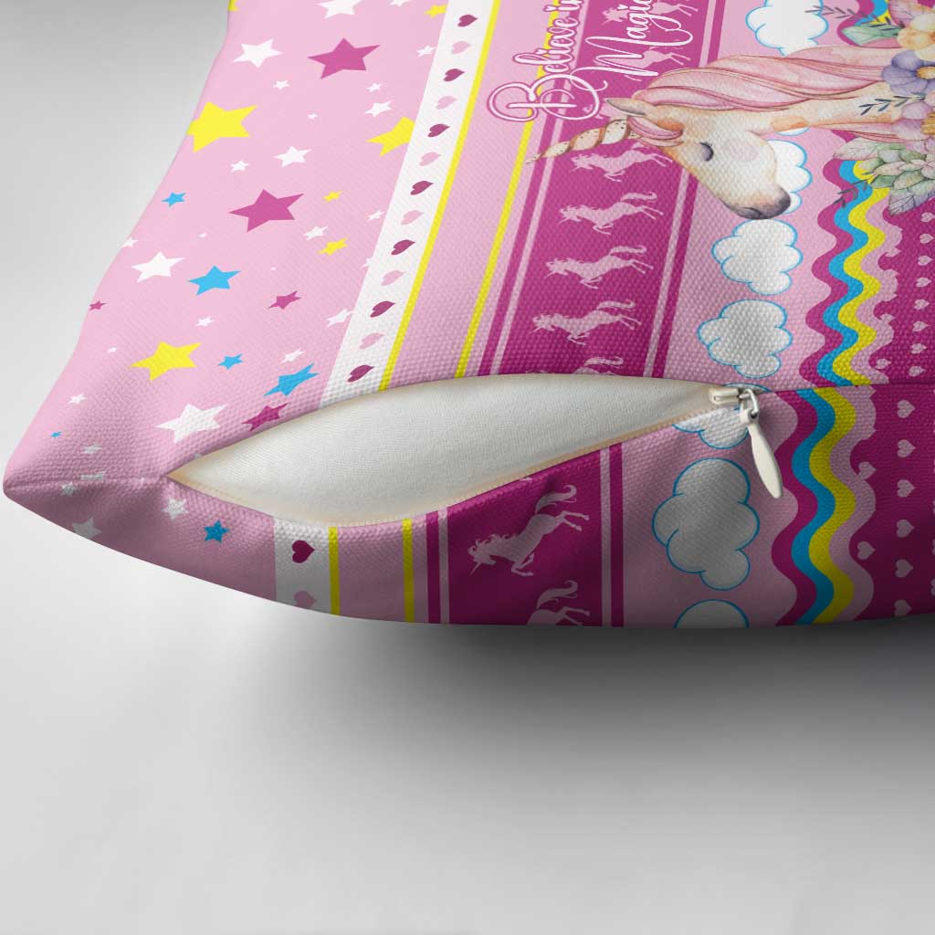Unicorn Believe In Magic Christmas Pillow Cover with Believe in Magic Quote Pink Hearts Stars and Rainbow - Wonder Print Shop