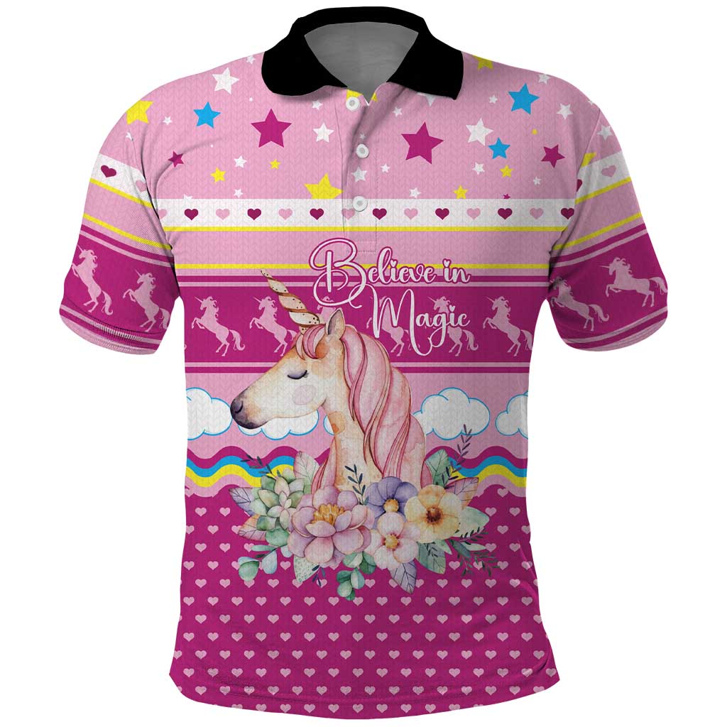 Unicorn Believe In Magic Christmas Polo Shirt with Believe in Magic Quote Pink Hearts Stars and Rainbow - Wonder Print Shop