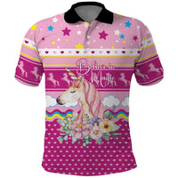 Unicorn Believe In Magic Christmas Polo Shirt with Believe in Magic Quote Pink Hearts Stars and Rainbow - Wonder Print Shop