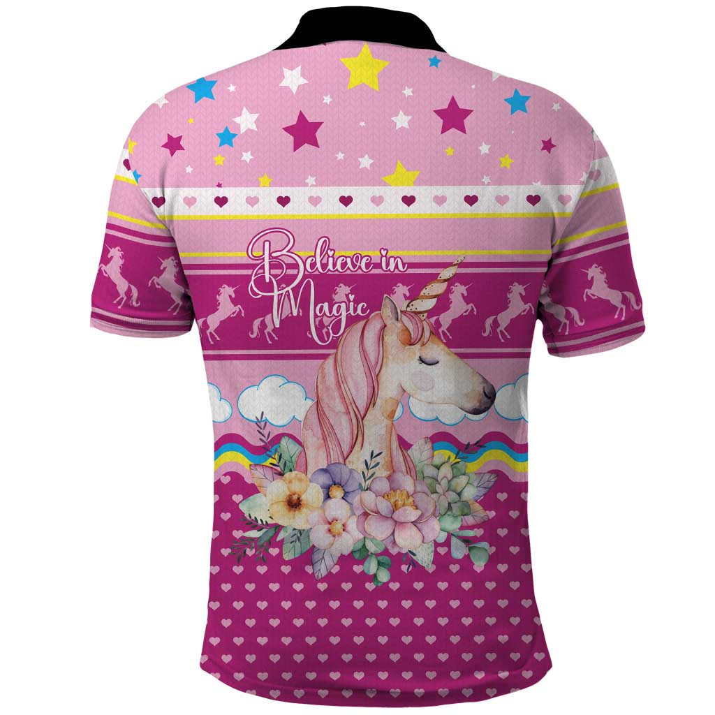 Unicorn Believe In Magic Christmas Polo Shirt with Believe in Magic Quote Pink Hearts Stars and Rainbow - Wonder Print Shop