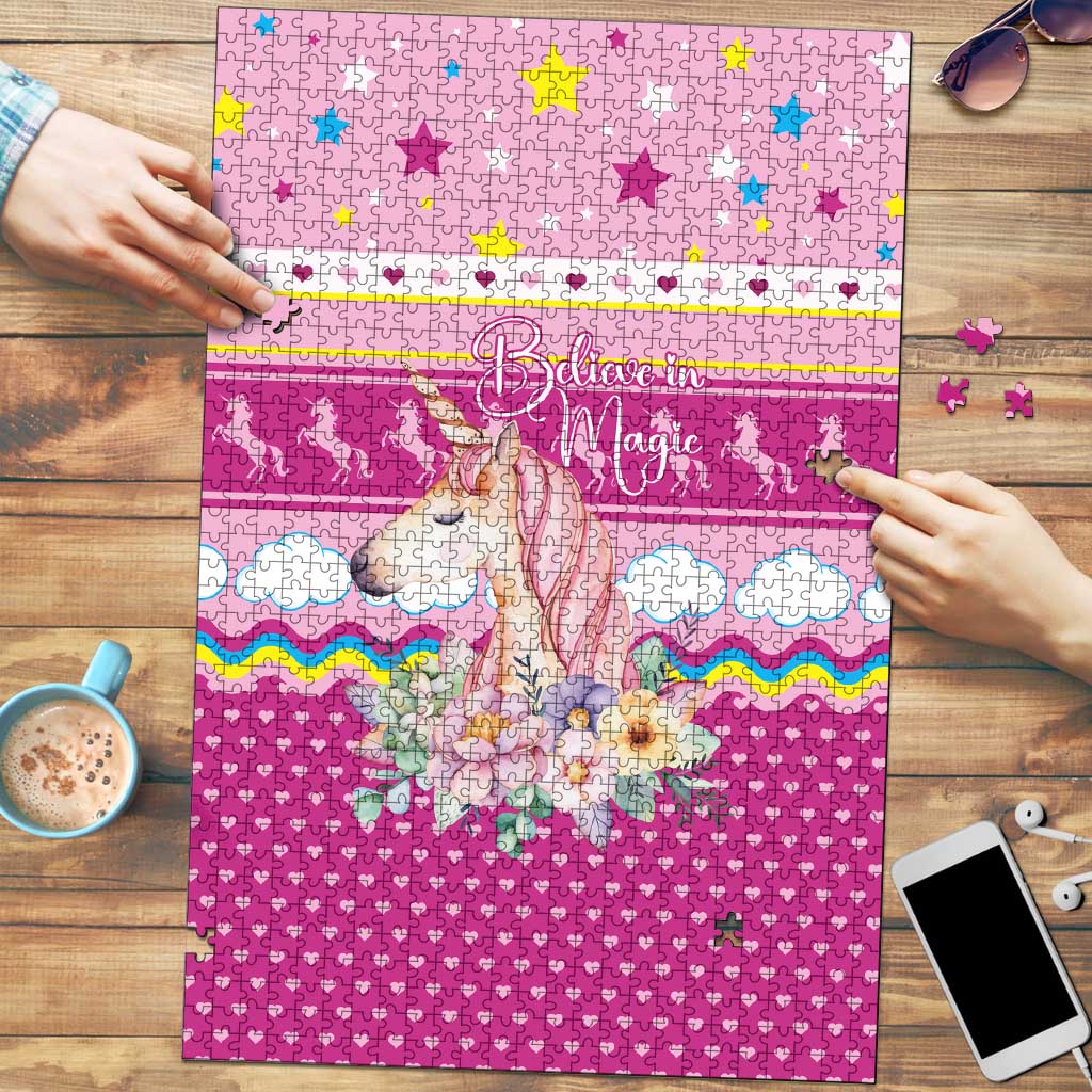 Unicorn Believe In Magic Christmas Puzzle with Believe in Magic Quote Pink Hearts Stars and Rainbow - Wonder Print Shop