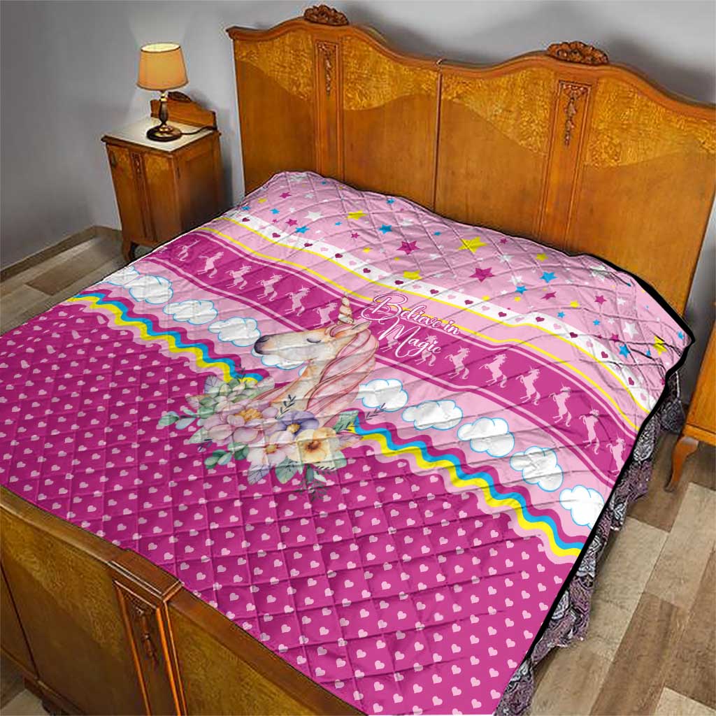 Unicorn Believe In Magic Christmas Quilt with Believe in Magic Quote Pink Hearts Stars and Rainbow - Wonder Print Shop