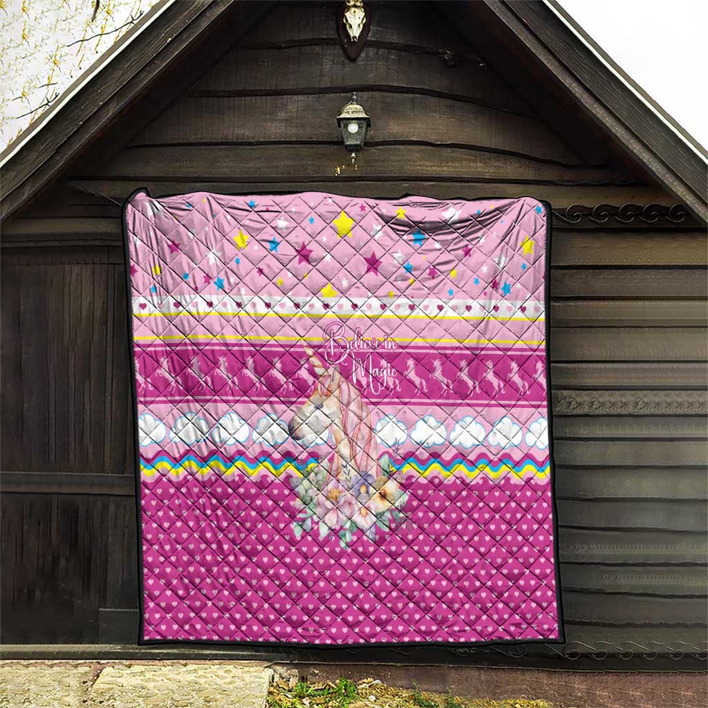 Unicorn Believe In Magic Christmas Quilt with Believe in Magic Quote Pink Hearts Stars and Rainbow - Wonder Print Shop