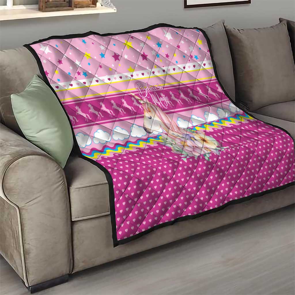 Unicorn Believe In Magic Christmas Quilt with Believe in Magic Quote Pink Hearts Stars and Rainbow - Wonder Print Shop
