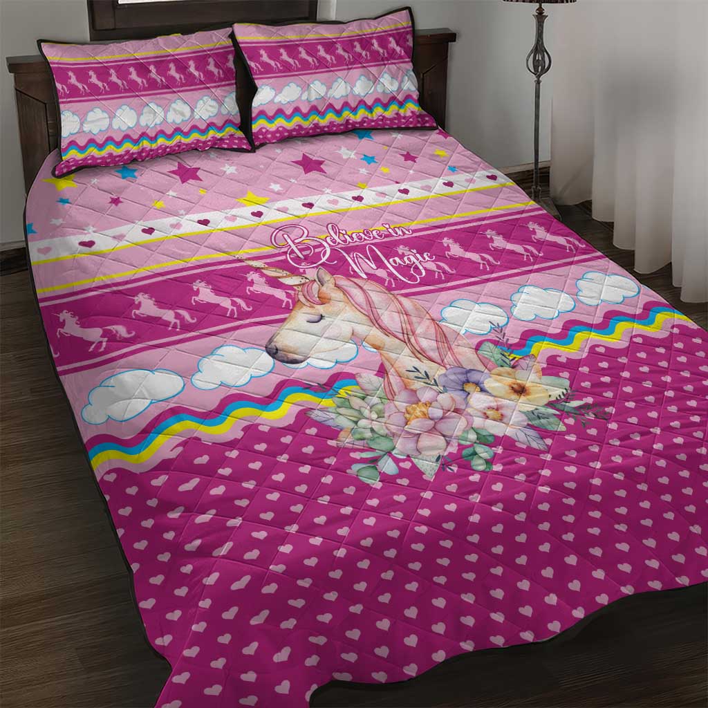Unicorn Believe In Magic Christmas Quilt Bed Set with Believe in Magic Quote Pink Hearts Stars and Rainbow - Wonder Print Shop