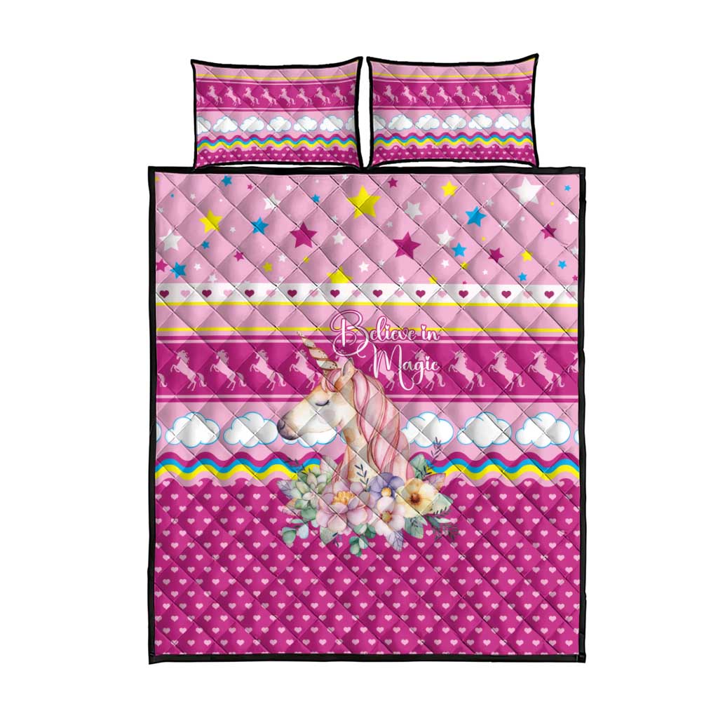 Unicorn Believe In Magic Christmas Quilt Bed Set with Believe in Magic Quote Pink Hearts Stars and Rainbow - Wonder Print Shop