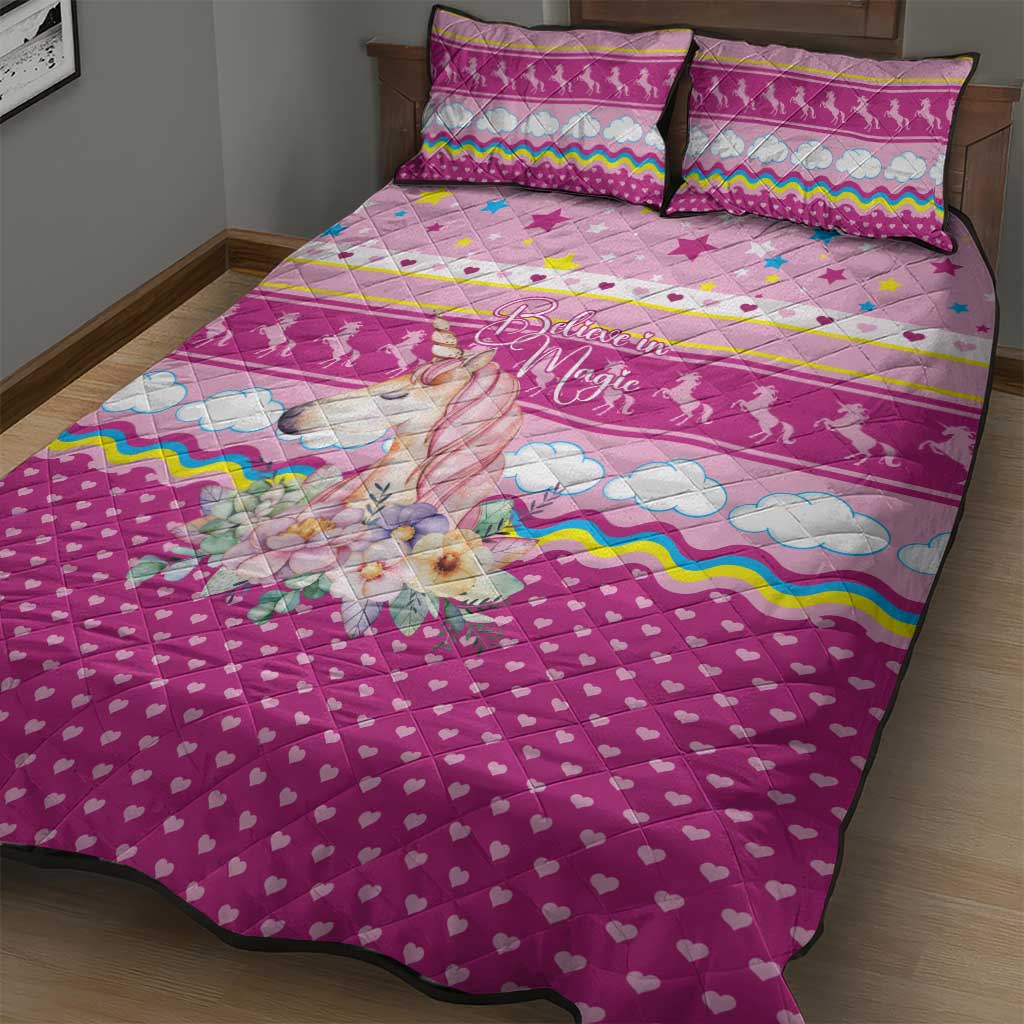 Unicorn Believe In Magic Christmas Quilt Bed Set with Believe in Magic Quote Pink Hearts Stars and Rainbow - Wonder Print Shop