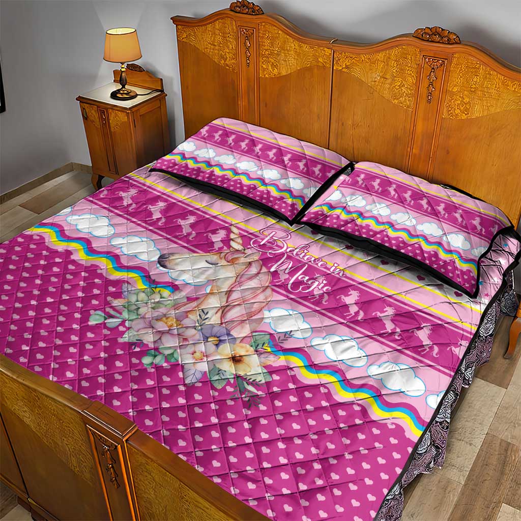 Unicorn Believe In Magic Christmas Quilt Bed Set with Believe in Magic Quote Pink Hearts Stars and Rainbow - Wonder Print Shop