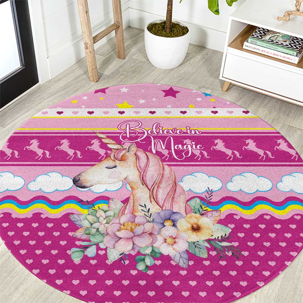 Unicorn Believe In Magic Christmas Round Carpet with Believe in Magic Quote Pink Hearts Stars and Rainbow - Wonder Print Shop