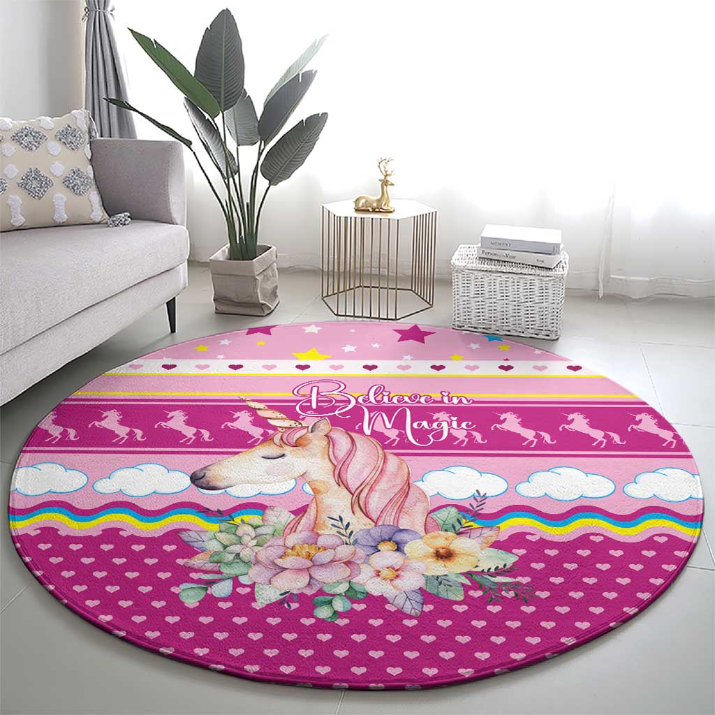 Unicorn Believe In Magic Christmas Round Carpet with Believe in Magic Quote Pink Hearts Stars and Rainbow - Wonder Print Shop