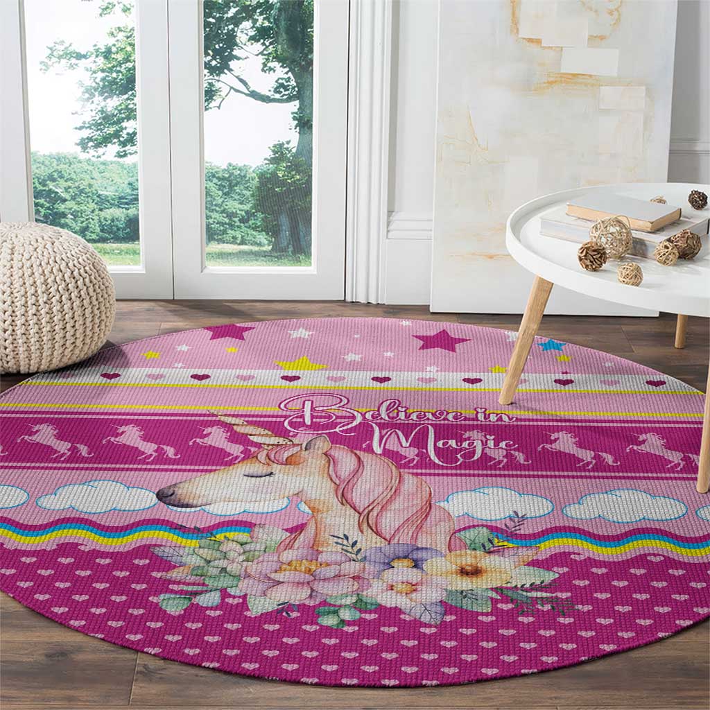 Unicorn Believe In Magic Christmas Round Carpet with Believe in Magic Quote Pink Hearts Stars and Rainbow - Wonder Print Shop