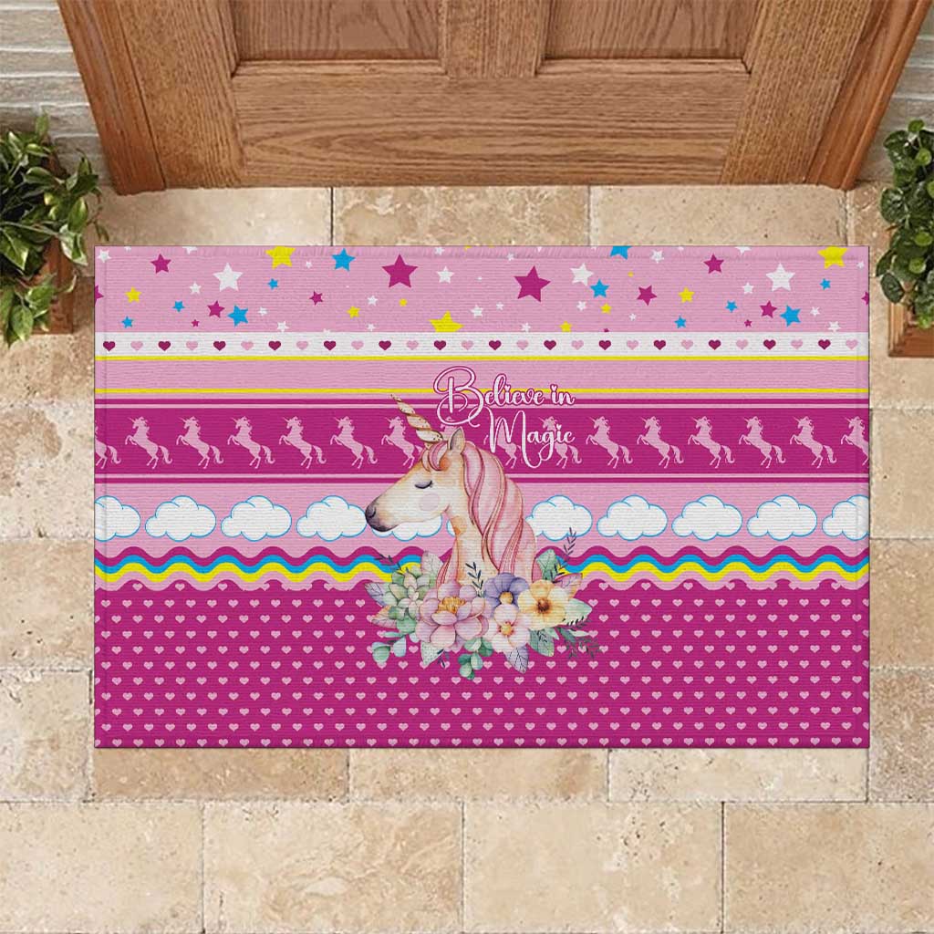 Unicorn Believe In Magic Christmas Rubber Doormat with Believe in Magic Quote Pink Hearts Stars and Rainbow - Wonder Print Shop