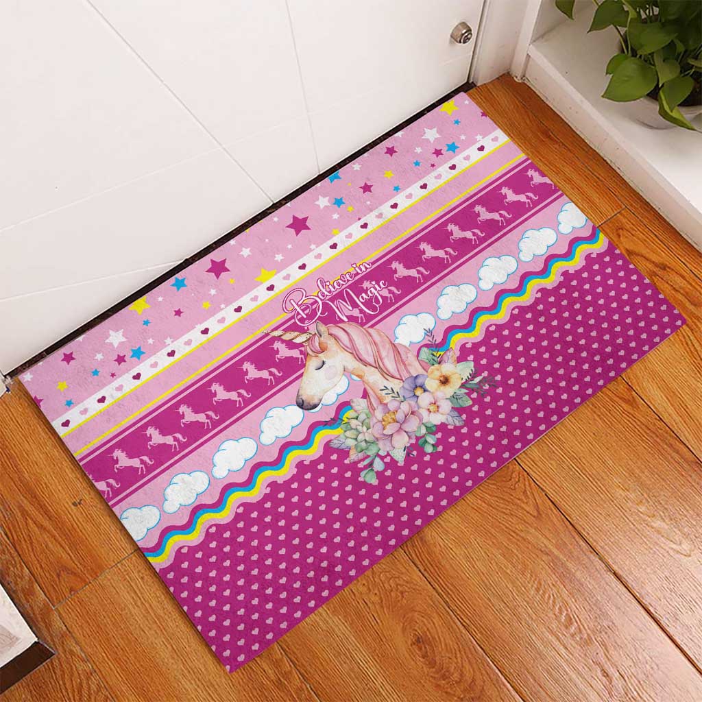 Unicorn Believe In Magic Christmas Rubber Doormat with Believe in Magic Quote Pink Hearts Stars and Rainbow - Wonder Print Shop