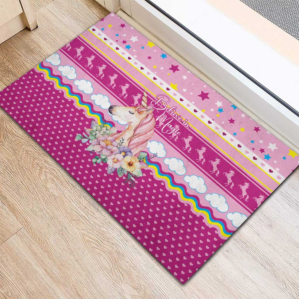 Unicorn Believe In Magic Christmas Rubber Doormat with Believe in Magic Quote Pink Hearts Stars and Rainbow - Wonder Print Shop