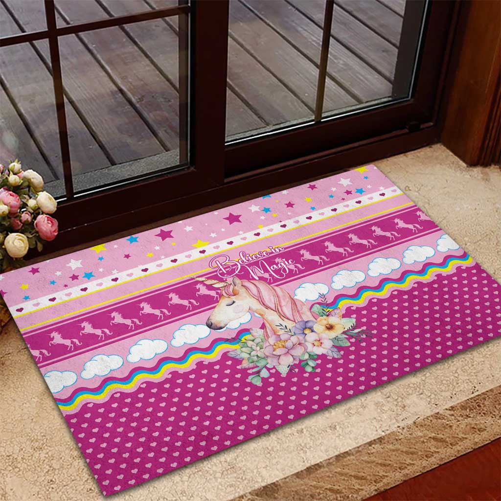 Unicorn Believe In Magic Christmas Rubber Doormat with Believe in Magic Quote Pink Hearts Stars and Rainbow - Wonder Print Shop