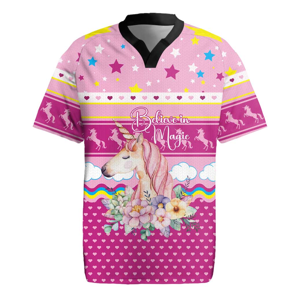 Unicorn Believe In Magic Christmas Rugby Jersey with Believe in Magic Quote Pink Hearts Stars and Rainbow - Wonder Print Shop