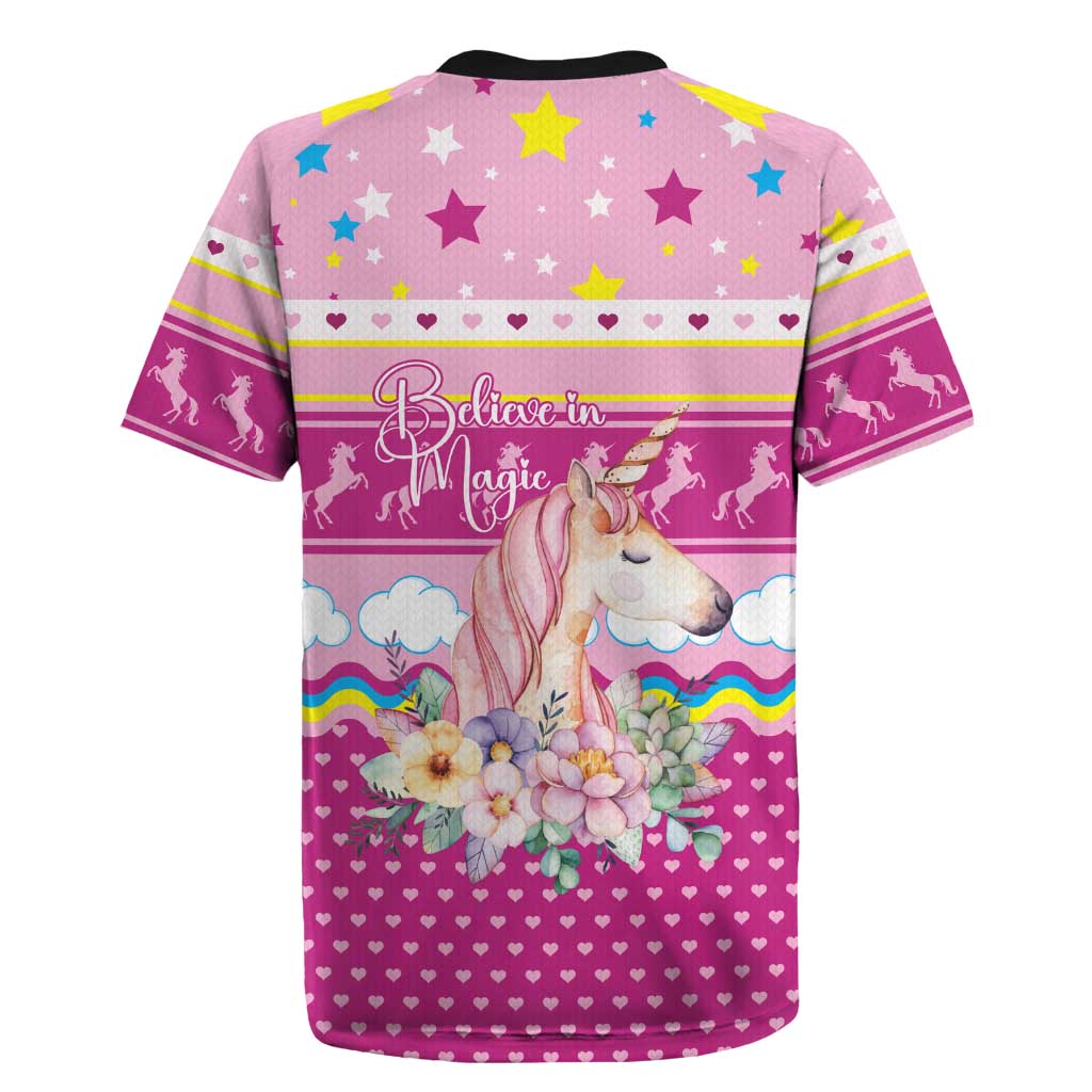 Unicorn Believe In Magic Christmas Rugby Jersey with Believe in Magic Quote Pink Hearts Stars and Rainbow - Wonder Print Shop