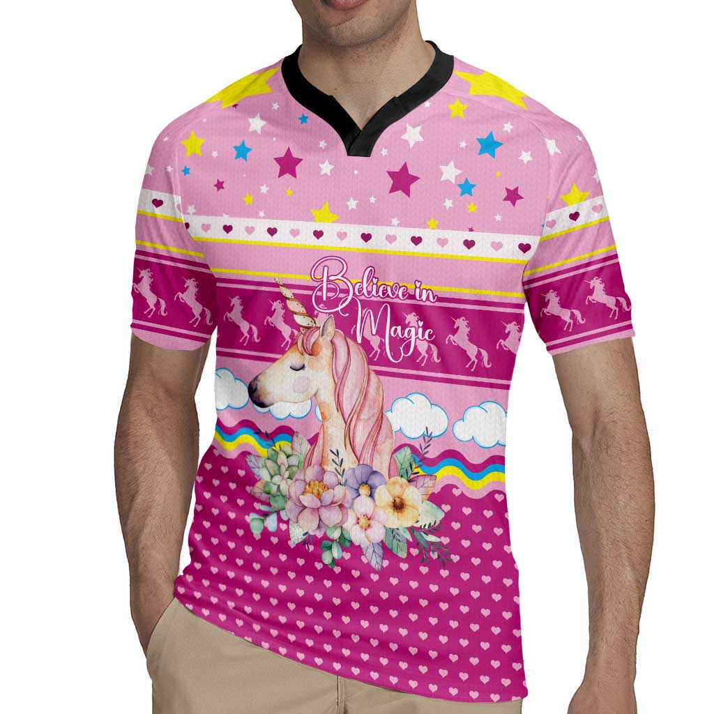 Unicorn Believe In Magic Christmas Rugby Jersey with Believe in Magic Quote Pink Hearts Stars and Rainbow - Wonder Print Shop