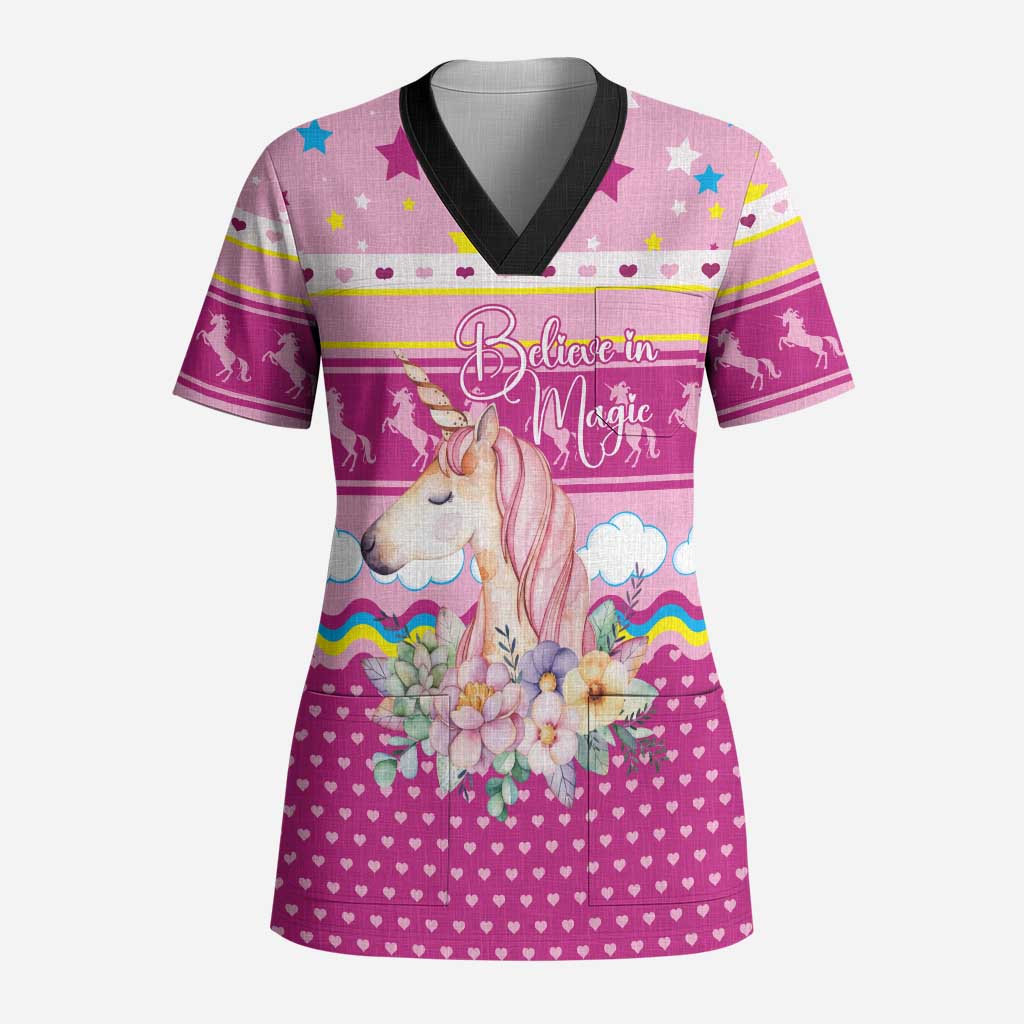 Unicorn Believe In Magic Christmas Scrub Top with Believe in Magic Quote Pink Hearts Stars and Rainbow - Wonder Print Shop