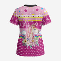 Unicorn Believe In Magic Christmas Scrub Top with Believe in Magic Quote Pink Hearts Stars and Rainbow - Wonder Print Shop