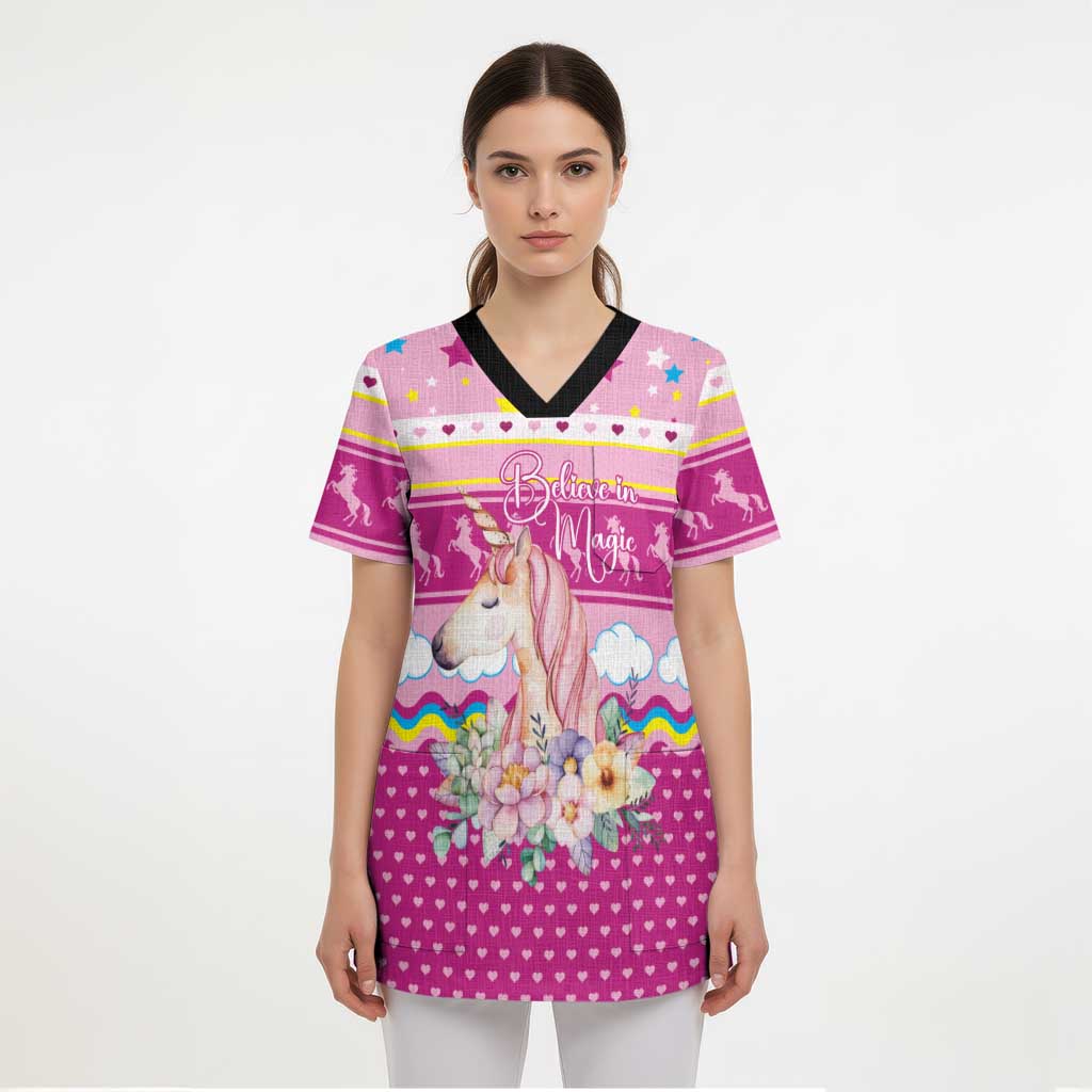 Unicorn Believe In Magic Christmas Scrub Top with Believe in Magic Quote Pink Hearts Stars and Rainbow - Wonder Print Shop
