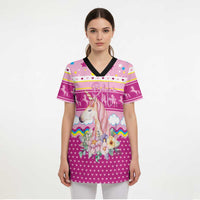 Unicorn Believe In Magic Christmas Scrub Top with Believe in Magic Quote Pink Hearts Stars and Rainbow - Wonder Print Shop
