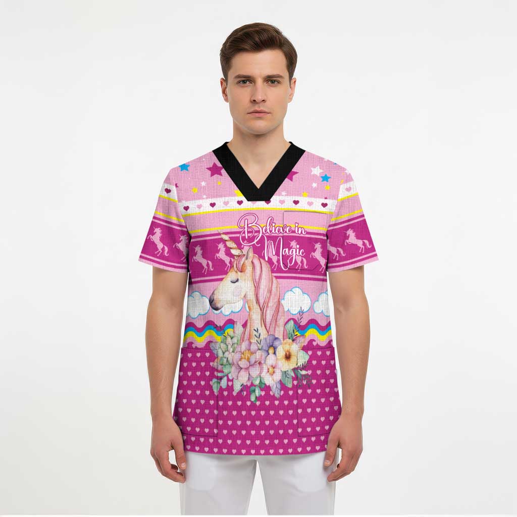 Unicorn Believe In Magic Christmas Scrub Top with Believe in Magic Quote Pink Hearts Stars and Rainbow - Wonder Print Shop