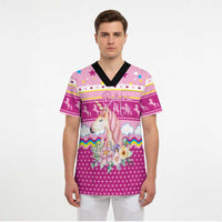 Unicorn Believe In Magic Christmas Scrub Top with Believe in Magic Quote Pink Hearts Stars and Rainbow - Wonder Print Shop