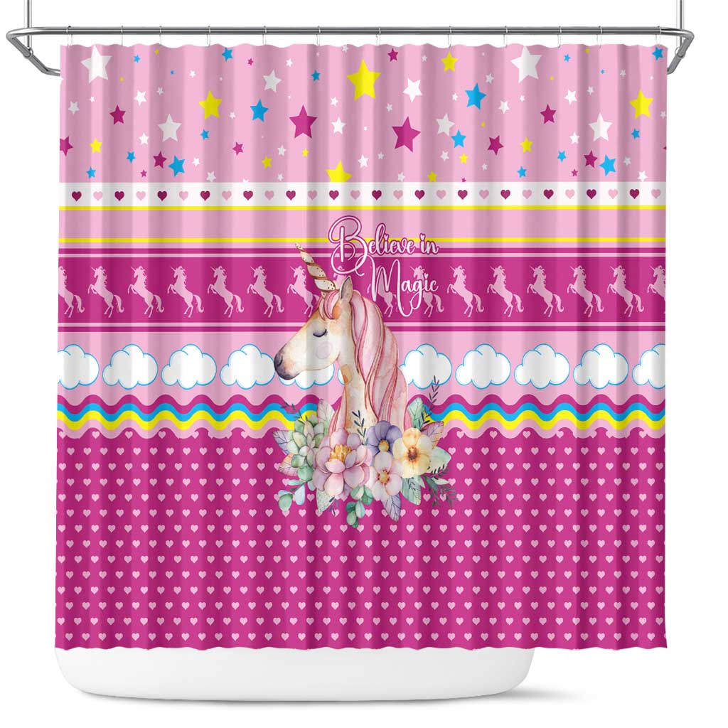 Unicorn Believe In Magic Christmas Shower Curtain with Believe in Magic Quote Pink Hearts Stars and Rainbow - Wonder Print Shop