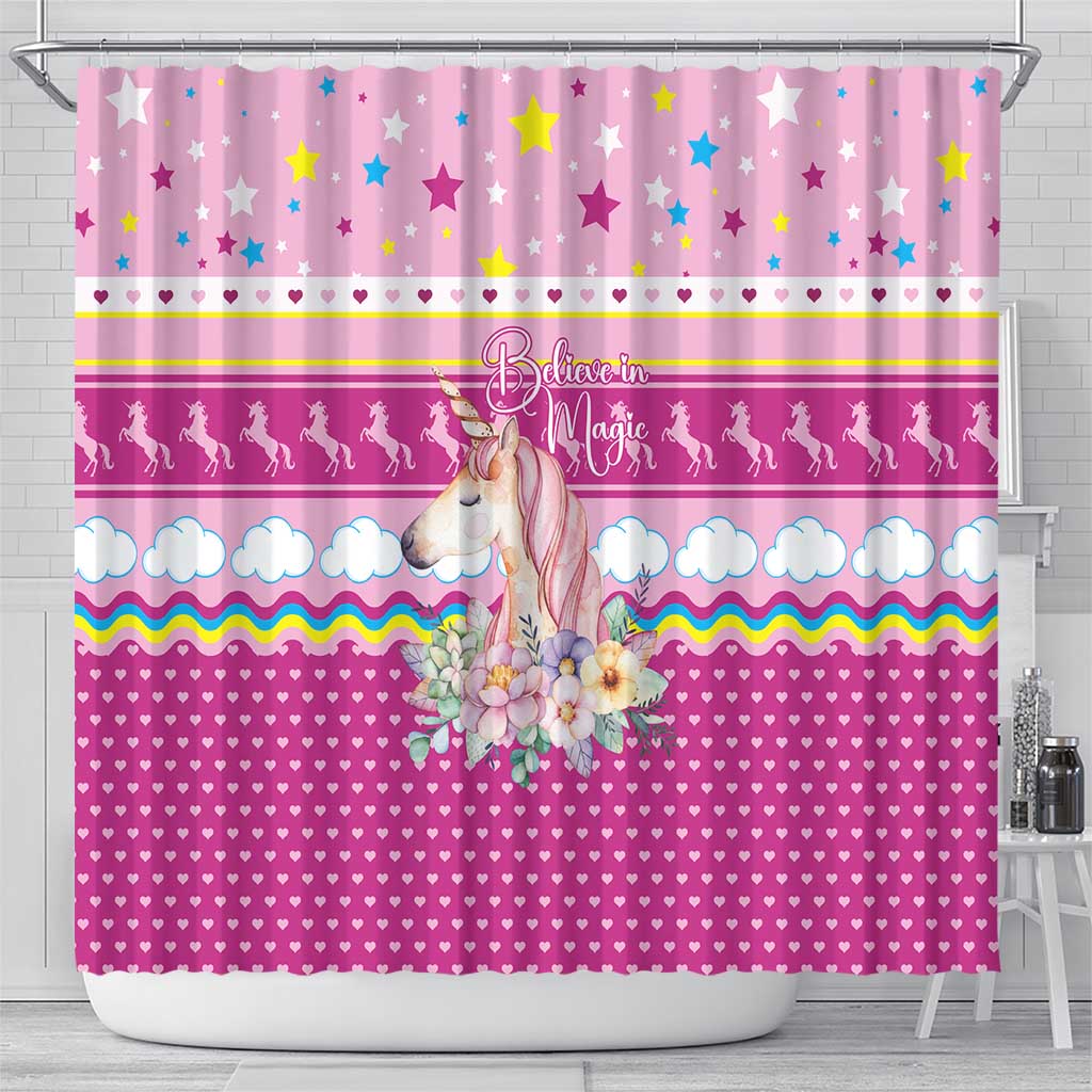 Unicorn Believe In Magic Christmas Shower Curtain with Believe in Magic Quote Pink Hearts Stars and Rainbow - Wonder Print Shop