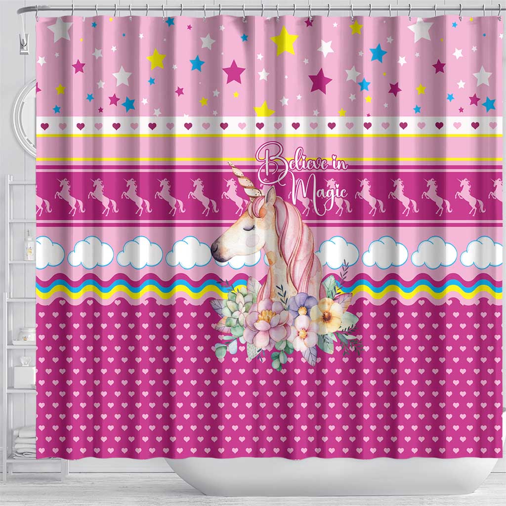 Unicorn Believe In Magic Christmas Shower Curtain with Believe in Magic Quote Pink Hearts Stars and Rainbow - Wonder Print Shop