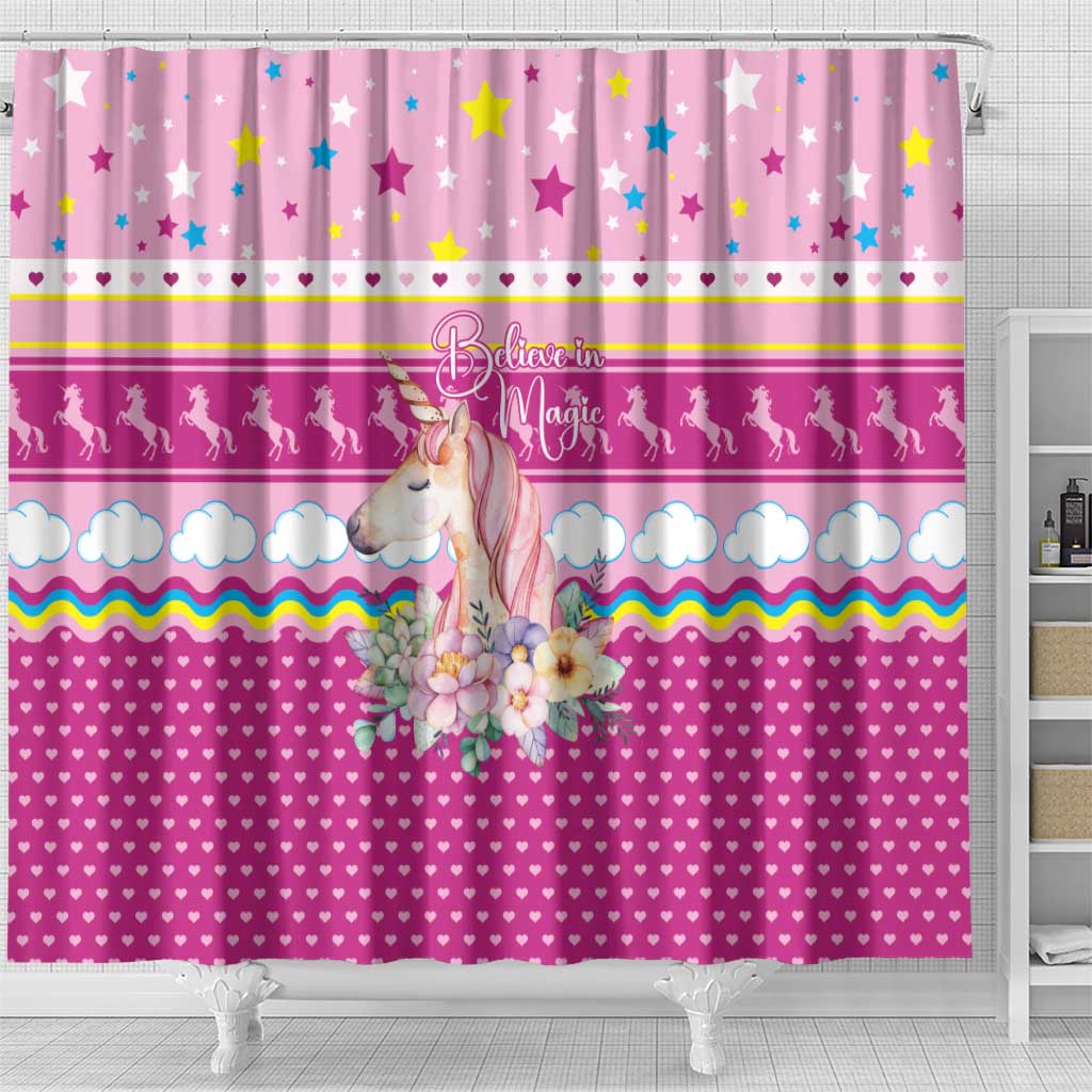 Unicorn Believe In Magic Christmas Shower Curtain with Believe in Magic Quote Pink Hearts Stars and Rainbow - Wonder Print Shop