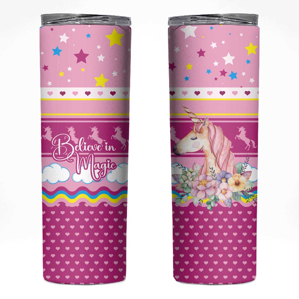 Unicorn Believe In Magic Christmas Skinny Tumbler with Believe in Magic Quote Pink Hearts Stars and Rainbow - Wonder Print Shop