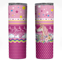 Unicorn Believe In Magic Christmas Skinny Tumbler with Believe in Magic Quote Pink Hearts Stars and Rainbow - Wonder Print Shop