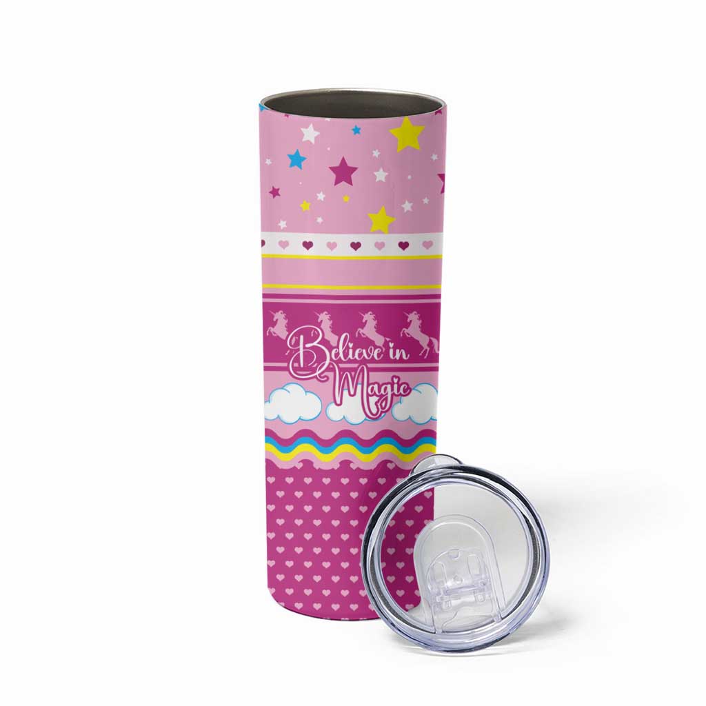 Unicorn Believe In Magic Christmas Skinny Tumbler with Believe in Magic Quote Pink Hearts Stars and Rainbow - Wonder Print Shop