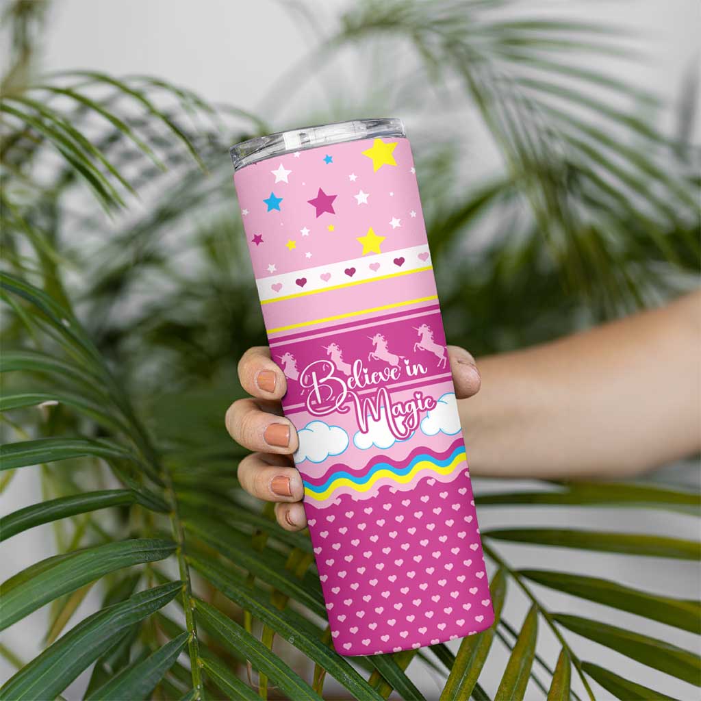 Unicorn Believe In Magic Christmas Skinny Tumbler with Believe in Magic Quote Pink Hearts Stars and Rainbow - Wonder Print Shop