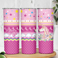 Unicorn Believe In Magic Christmas Skinny Tumbler with Believe in Magic Quote Pink Hearts Stars and Rainbow - Wonder Print Shop