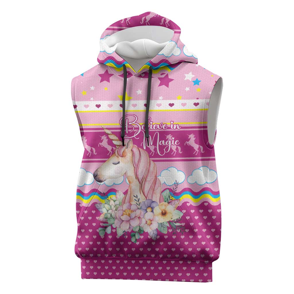 Unicorn Believe In Magic Christmas Sleeveless Hoodie with Believe in Magic Quote Pink Hearts Stars and Rainbow - Wonder Print Shop
