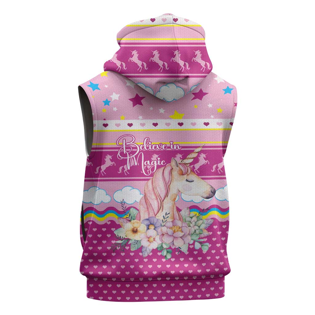 Unicorn Believe In Magic Christmas Sleeveless Hoodie with Believe in Magic Quote Pink Hearts Stars and Rainbow - Wonder Print Shop